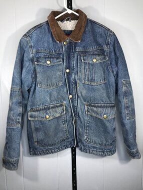 Wrangler Jacket Mens SM Blue Denim Sherpa Lined Chore Coat Corduroy Collar Zip